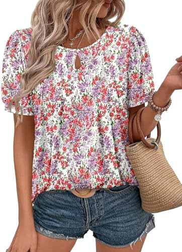 ROFUSSO Blusa de Manga Corta para Mujer Verano Casual Blusa Top Elegante Floral Tops de Manga Corta Casual Camisetas Básicas(Rosa Oscuro,XXL)