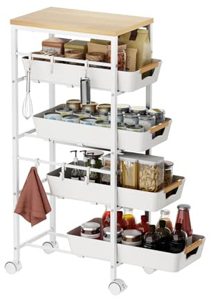 Landmok 5-Tier Slim Storage Cart, Wooden Top Rolling Kitchen Cart with Pull-Out Baskets & Wheels, Narrow Space Utility Cart Slide Out Organizer for Kitchen, Bathroom, Laundry Room, White