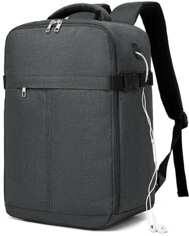 Kono Bagage Cabine 40x25x17 cm, Sac à Dos Cabine Avion avec Port USB, Imperméable, Compatible Ryanair EasyJet, Bagage à Main Sous-Siège avec Sangle Trolley, pour Voyage Travail - Gris Foncé