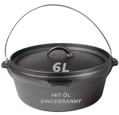 BIOL Dutch Oven 6L Gusseisen – Feuertopf mit Deckel, eingebrannt, für Grill, Camping & Backofen, ohne Beschichtung