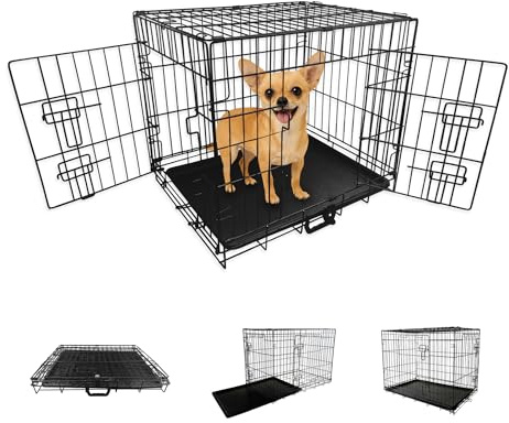 Straame Heavy-Duty Folding Dog Crate 24 inch for Small Dogs, 60 x 40 x 50 cm Black Metal Wire Pet Cage with 2 Doors, Secure Sliding Latches, Removable Leak-Proof Tray, Carry Handle, Fold-Flat Design