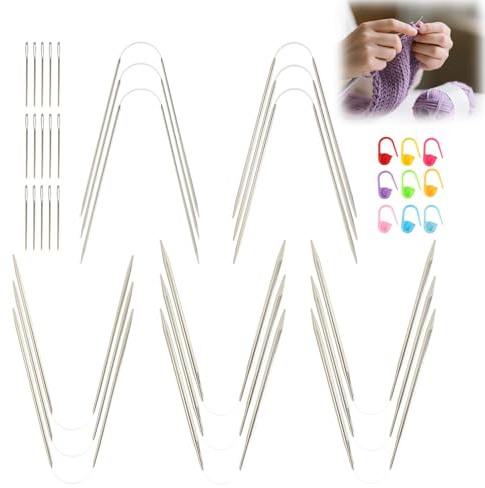 Juego de 15 agujas de tejer circulares de acero inoxidable, 21 – 23 cm, para calcetines, juego de agujas de 2 – 4 mm, flexible, ligera, ideal para calcetines, mangas, gorros, muñecas, para