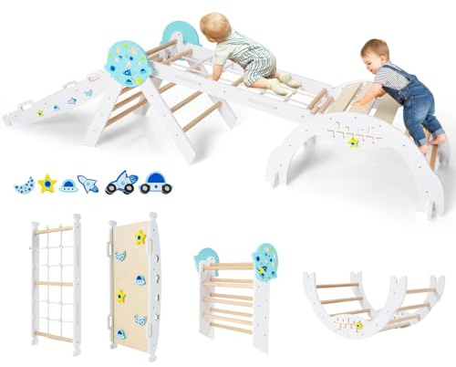 COSTWAY klätterställning inomhus 4-pack, vikbar klättertriangel med rutschkana, klätterbåge, nät, inkl. dubbelsidig lutning, byggstensset & 2 bilar, universum ribbstångstriangel i trä för barn från 1