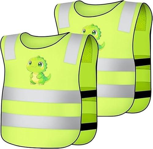 AYBUY Chalecos Reflectantes para Niños, 2 Piezas Chaleco de Alta Visibilidad para Niños, Chaleco de Seguridad Verde para Niños Carrera, Viajes Escolares, Ciclismo, Tamañ, Patrón de Dinosaurio