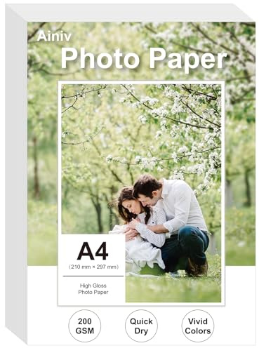 Ainiv 100 ark glansigt fotopapper A4 200 g/m², snabbtorkande och vattentätt, kompatibelt med HP-bläckstråleskrivare, Canon, Epson