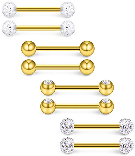 Ruifan 14G 9/16Inch Crystal Ball Nipple Tongue Shield Ring Barbell Body Piercing Jewelry Retainer 8PCS - Gold