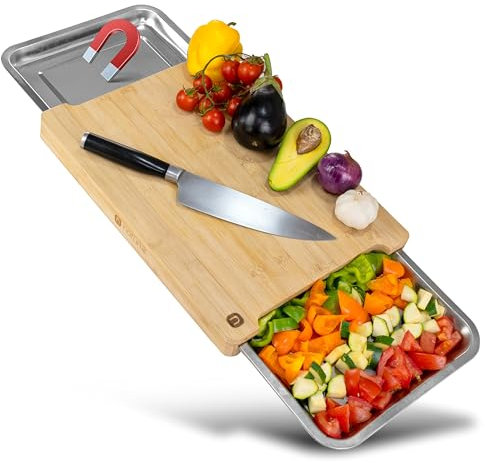 naturlik Tagliere da cucina in bambù con vassoi magnetici – Doppio contenitore per alimenti e scarti, pratico, resistente, FSC® – Tagliere legno