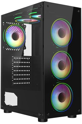 CiT Mirage Black Mid-Tower PC Gaming Case ATX with 2 x Tempered Glass Panels - 30% Tint Tempered Glass Side Window with 4 x Infinity 120mm ARGB Dual-Ring Fans & 6-Port Hub Included