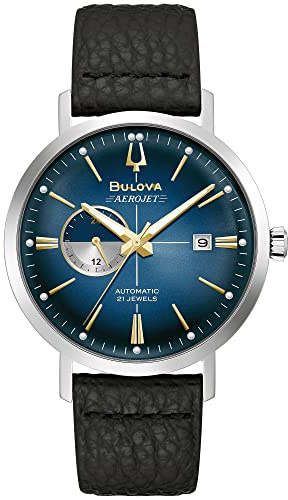 Bulova Men's Aerojet Blue Dial Black Leather Strap Watch (96B374), Blue, Strap