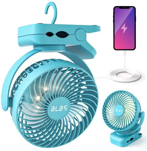 BLBS Clip on Fan 65Hrs Camping Fan with LED Light, 12000mAh Battery Operated Fans & PortableFan Rechargeable, Small Desk Fans USB TravelFan for Tent Camping Golf Stroller, Blue