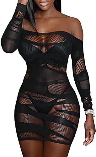 Buitifo Damen Dessous Kleid Babydoll Nachtwäsche Fischnetz Bodysuit Dessous Bodycon Minikleid Clubwear(schwarz qgq,M)
