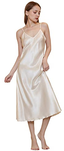 JK Home Stain Full Slip Midi Dress - Chemise Nightgown with Adjustable Spaghetti Strap for Women - Champagne M