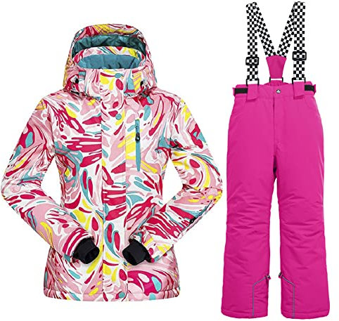 HOTIAN Kinder Skianzug, Mädchen Kinder Schneeanzug,Kinder Winteroverall Wasserdichter Skianzug Mädchen,Outdoor Warm Skifahren Bekleidung Skijacke and Skihose LSC+PK-14