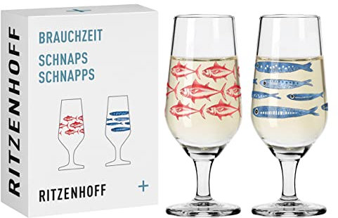 RITZENHOFF 3871002 Bicchiere da liquore 40 ml - Serie Brauchzeit, Set n. 2 - Motivo pesce - rotondo, rosso e blu - Made in Germany