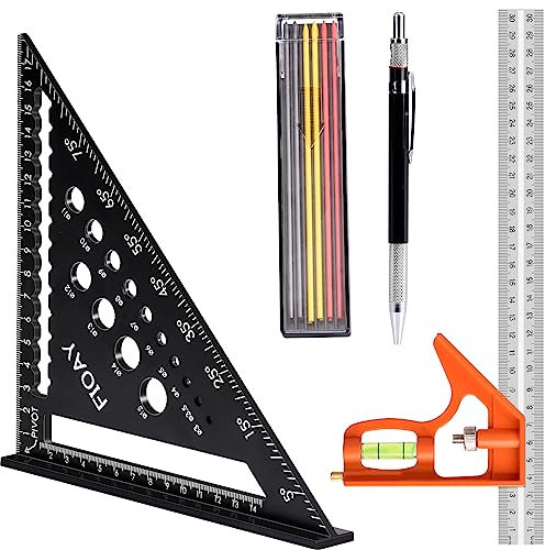 Escuadra Carpintero 180mm, Escuadra Combinada 300mm, Metalicas Carpintero con Nivel de Burbuja,Lápiz Metálico e 12 minas de lápiz para carpintero medir y marcar