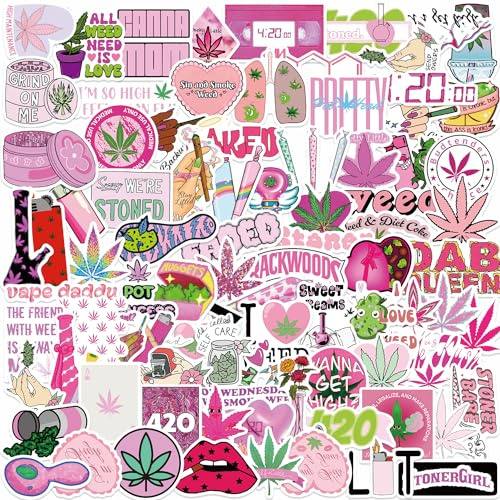 100PCS Pink Weed Stickers for Adults, Kawaii Marijuana Stickers,Cute Weed Sticker for Girl,Aesthetic Weed Gift