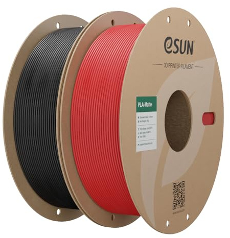 eSUN Uppgraderad Matt PLA Filament 1.75mm, Matt PLA 3D-skrivarfilament, 1KG per Spole, 2 Spolar 3D-tryckmaterial för 3D-skrivare, Djup Svart+Brandbil Röd | Matt finish döljer lager. Utan glans, noggrannhet +/- 0,03 mm. Smidig extrudering, elegant frostad struktur.