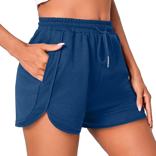 Litherday Damshorts Sommarshorts Dam Sportshorts Sportshorts Kvinnor Bomull Kort Lös Bomull med Fickor Dragsko Casual Jogging S-XXL, Blå, XXL