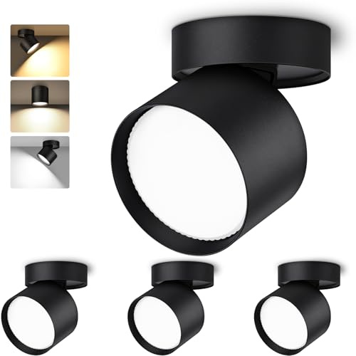 GeyouLux Faretto da soffitto LED Orientabili, 7W 800LM Faretti LED Soffitto Interno 350°+90°, Alluminio, Con Lampadina LED GX53 Incluso, 3000K/4500K/6500K Faretto LED Interno Nero 4 Pezzi