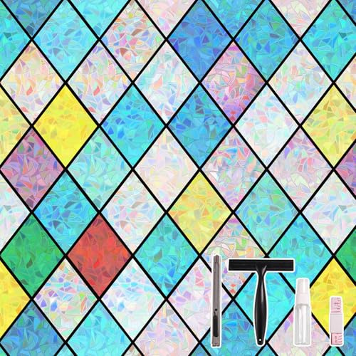 Conkov Window Privacy Film with Rainbow Effect, Multicolor, 90 x 400 cm | Static Cling Stained Glass Film Self Adhesive, UV Glare Blocking, For Home Bathroom Kitchen Bedroom Decoration, with Tool