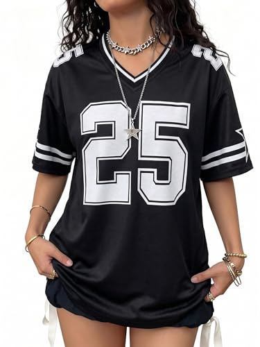 Camicie in Jersey da Donna con Numero Grafico Y2k T-Shirt Oversize con Scollo a V Ampia Streetwear Maglietta Estiva, Nero, XL