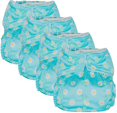 4 Pack Reusable Pocket Nappies with 8 Bamboo Inserts, Washable Cloth Diapers Adjustable Closure, Press Stud Popper, Mixed Designs. Highly Absorbent Award Winning Nappies. (Daisy's)