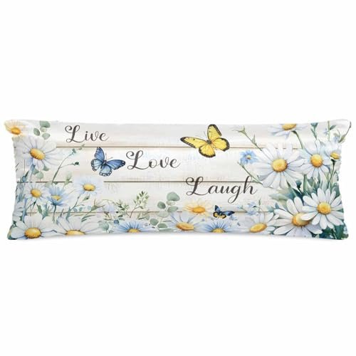 Gusidachig Daisy Butterfly Satin Pillowcase for Hair and Skin with Zipper, Soft Breathable Cooling Silk Pillow Cases, Farm Flower Summer Spring Wood Grain Body Pillow Covers Bed Pillows 20x54