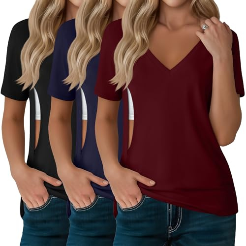 Xuniea Pack de 3 Camisetas de Lactancia para Mujer, Tops de Lactancia con Cremallera Oculta para Amamantar y Sacaleches, Cuello en V Manga Corta