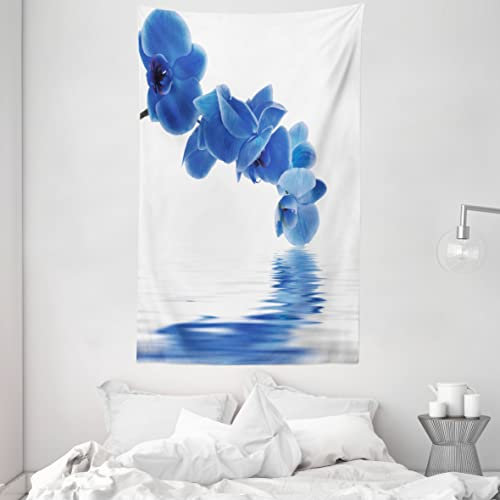 ABAKUHAUS Blau Wandteppich und Tagesdecke, Orchideen-Braut aus Weiches Mikrofaser Stoff Waschbar ohne Verblassen Digitaldruck, 140 x 230 cm, Violett Blau Weiß