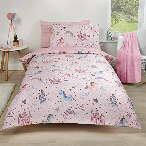 Dreamscene Unicorn Kingdom Girls Single Duvet Cover Set, Valentines Gifts Super Soft Cosy Girls Bedding Single Stylish Reversible Star Stripe Kids Bedding with Pillowcase, Pink