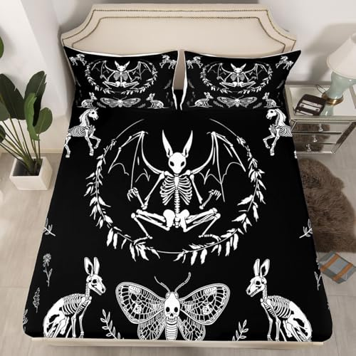 Skull Fitted Sheet & Pillow Sham Set Bat Skeleton Fitted Sheet Boho Moth Gothic Skull Bedding Set for Kids Boys Girls Adults Halloween Themed Bed Cover Soft Horror Room Decor Twin Size No Flat Sheet