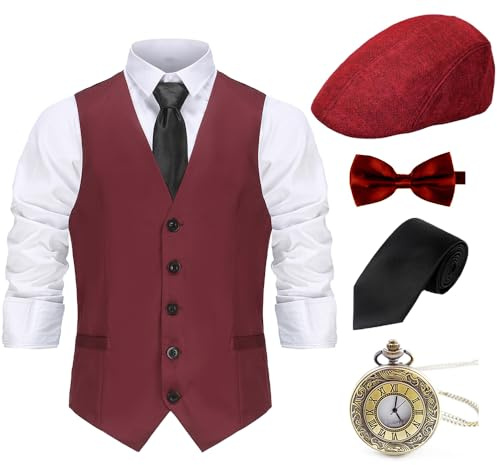 Gionforsy 20er Jahre Herren Weste Kostüm Zubehör Set mit Hut Weste Fliege Krawatte Taschenuhr Gangster Accessoires Set für Great Gatsby Party Halloween Karneval Fasching Mottoshow (Weinrot, XL)