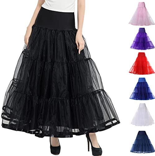 Rubehoow Women's A-Line Petticoat Ankle Length Elasitc Waist Half Slip Underskirt Long Crinoline for Prom Wedding Dress (Black, L/XL)