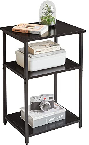 IBUYKE Tavolino, Comodino in Stile Industriale, Ripiani Portaoggetti a 3 Livelli, Struttura Resistente in Acciaio, per Corridoio, Divano, Soggiorno, Camera da Letto, Nero, TMJ402B
