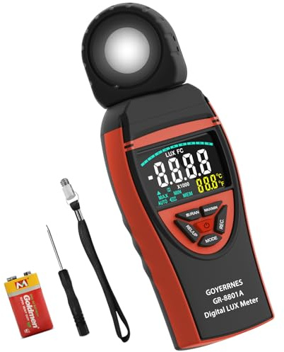 GOYERRNES Illuminance Light Meter, Digital Lux Foot Candles Meter 0.1~400,000 Lux (0.1~40,000 FC) with 270º Rotatable Detector, Lumen Meter Luxmeter for Indoor Outdoor(Multicolor Backlit)