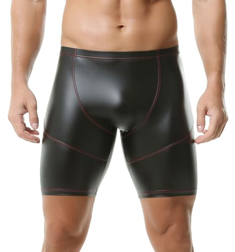 QiaTi Men's Wet Look PU Leather Shorts Slim Club Hot Short Pants Men Sexy Backless Rave Shorts for Party Casual