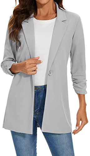 MINTLIMIT Ladies Long Blazer Notched Lapel Suit Jacket One Button Elegant Formal Business Coat （Light Grey M）