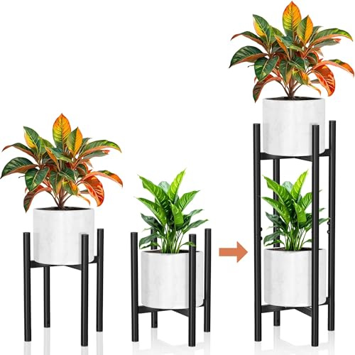 Perimvo 2er-Set Pflanzenständer Metall – Verstellbar 20–30 cm – Stapelbar als 2-Etagen Blumenständer bis 75 cm Höhe – Schwarz