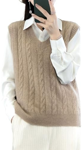 Ailaile Chaleco de punto con cuello en V para mujer, color liso, sin mangas, 100 % lana merino, chaleco corto, Camello, L