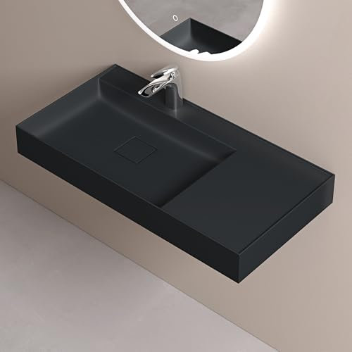 doporro Waschbecken Aufsatzwaschbecken Hängewaschbecken aus Mineralguss BTH: 90×46×12cm Waschplätze in matt Anthrazit inkl. Ablaufgarnitur Colossum630