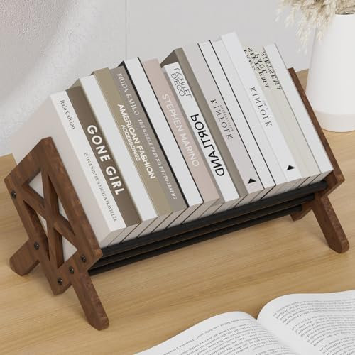 THYGIFTREE Wood Tilting Bookcase in Living Room/Home/Office, Desktop Book Shelf Organiser Bookshelves Storage Rack for CDs/Magazine/Books Display, Desktop Organiser for Books and Magazines (Brown)