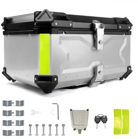 Qawner Topcase Coffre de moto pour 1-2 casques - Top case 55, 65L, Coffre de moto en aluminium, Coffre de moto étanche, Topcase universel pour scooter, moto, vélomoteur et quad (Argent, 65L)