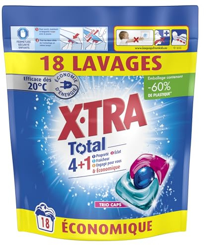 X-Tra Total, Lessive capsule, Trio-Caps, Total 4+1, Proprete, Eclat, Fraicheur, Engagé pour vous, Economique, Efficace des 20°C, 100% hydrosoluble, 18 lavages