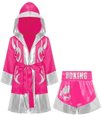 Miaeowve kickboxning kostym barn pojke långärmad satin huvkappa metallic bälte MMA shorts kampsportdräkt rosa silver C 122-128