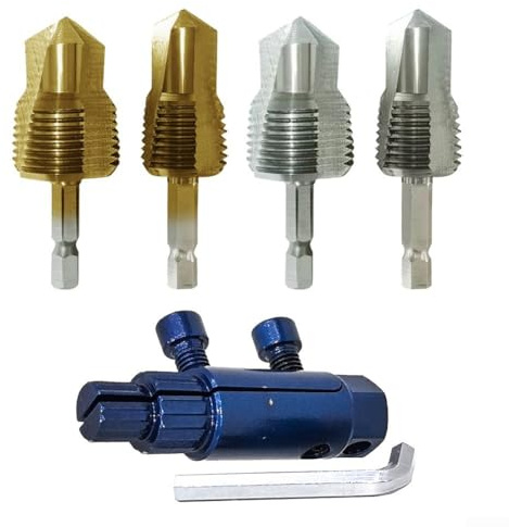 Honseadek Punta per trapano filettata 3 in 1 e estrattore di viti rotte per riparazione di tubi dell'acqua, strumento con adattatore testa esagonale PPR da 20 mm 25 mm, blu + argento (B)