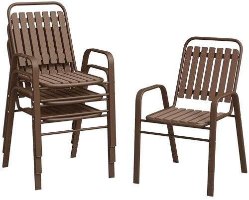 Outsunny Set 4 Sedie da Giardino Impilabili con Schienale Alto e Braccioli, Sedie da Esterno in Plastica PP e Acciaio, da Patio, Balcone, Terrazza, Esterno e Interno, 56x66x91 cm, Marrone Scuro