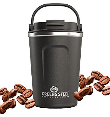 Greens Steel Taza de Café Reusable - 350ml, Negro I Termo Café para Llevar con Tapa y Asa I Antifugas, Taza Aislado en Acero Inoxidable para Bebidas Calientes y Frías I Té, Café, Bebidas Frías