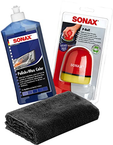 detailmate SONAX Hand Polier Set: SONAX Polish+Wax Color blau 500ml Politur + SONAX P-Ball ergonomischer Polier Ball + detailmate Edgeless Superflausch Mikrofaser Poliertuch 40x40cm, 550GSM