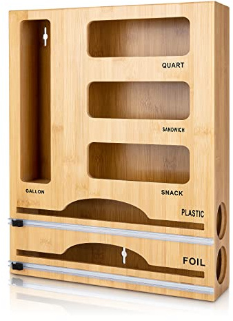 Storage Bag Organizer with Foil and Plastic Wrap Organizer , Aluminum Foil Dispenser with Cutter, Bamboo 6 in 1 Baggie Organizer Suitable for Gallon, Quart, Sandwich, Snack