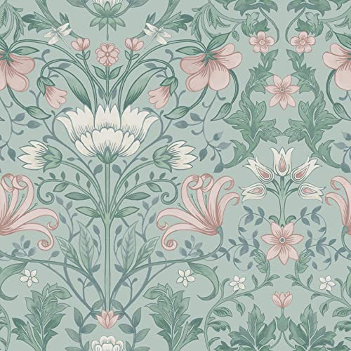 Holden Vintage Floral Wallpaper Flowers Leaves Soft Teal Green/Pink 13390